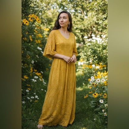 DM Fashion Yellow Lace Maxi Dress XS Women Boho