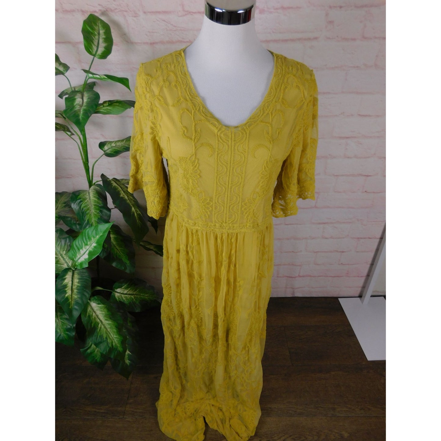 DM Fashion Yellow Lace Maxi Dress XS Women Boho