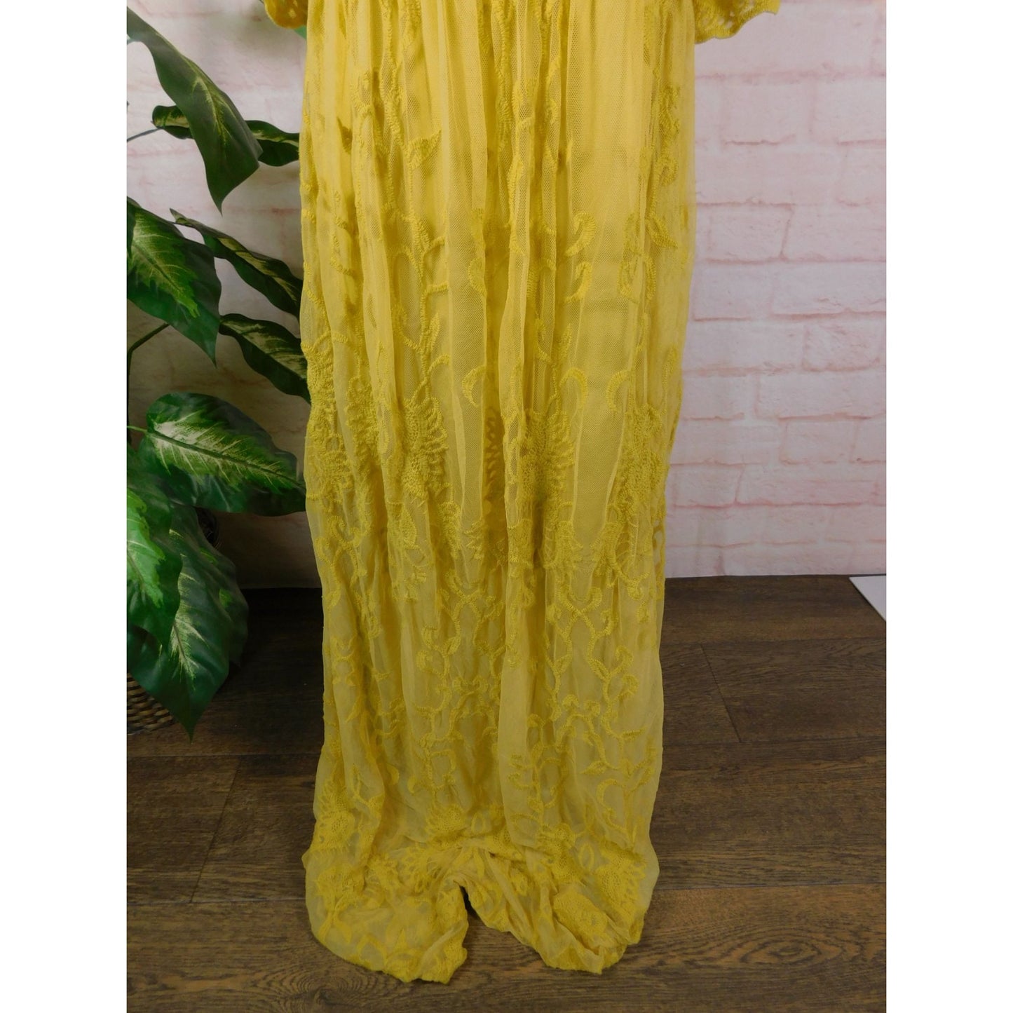 DM Fashion Yellow Lace Maxi Dress XS Women Boho