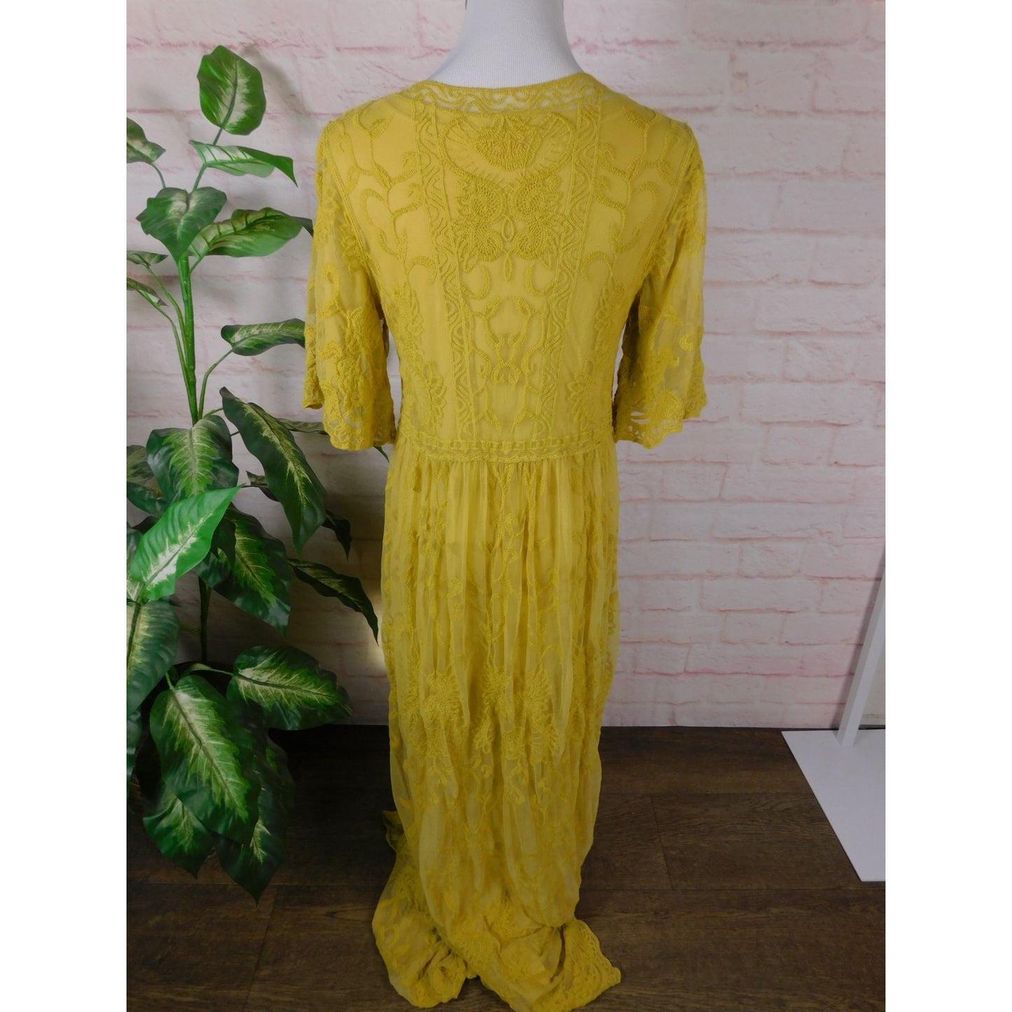 DM Fashion Yellow Lace Maxi Dress XS Women Boho