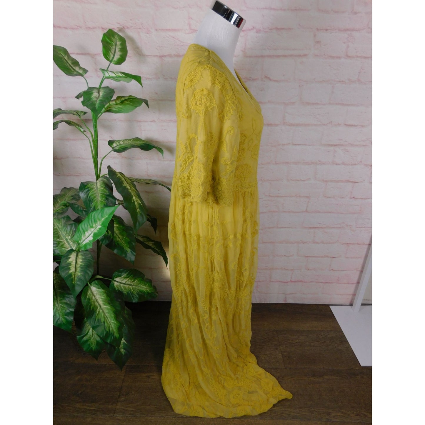 DM Fashion Yellow Lace Maxi Dress XS Women Boho