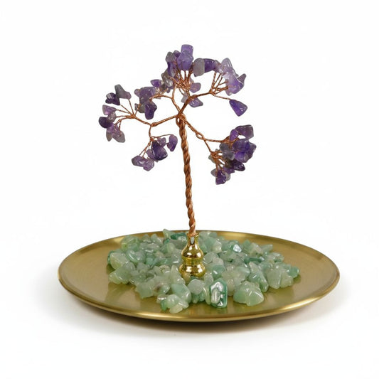 Amethyst & Green Aventurine Crystal Bonsai Tree On Gold Base 3.5" Diameter For Home Décor & Spiritual Energy