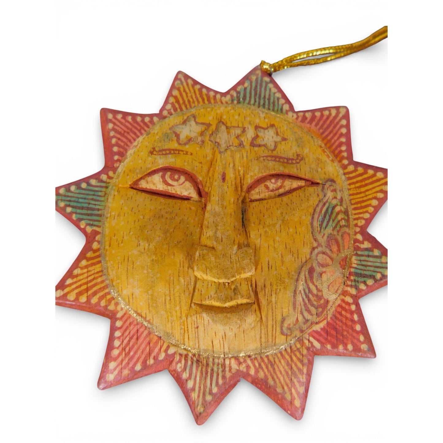 Hand Carved Wooden Sun Face Ornament Folk Art Boho Celestial Decor Vtg