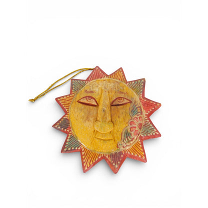 Hand Carved Wooden Sun Face Ornament Folk Art Boho Celestial Decor Vtg