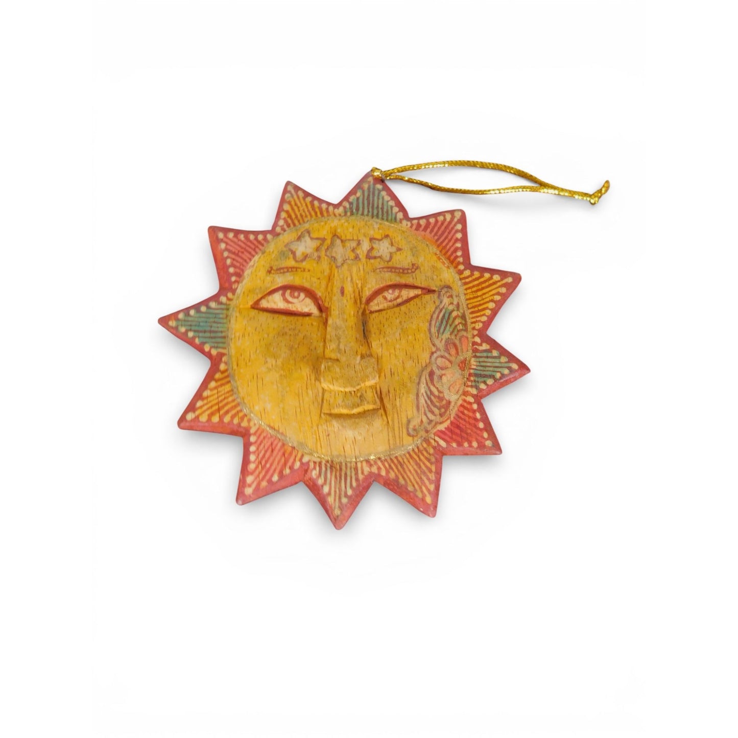 Hand Carved Wooden Sun Face Ornament Folk Art Boho Celestial Decor Vtg