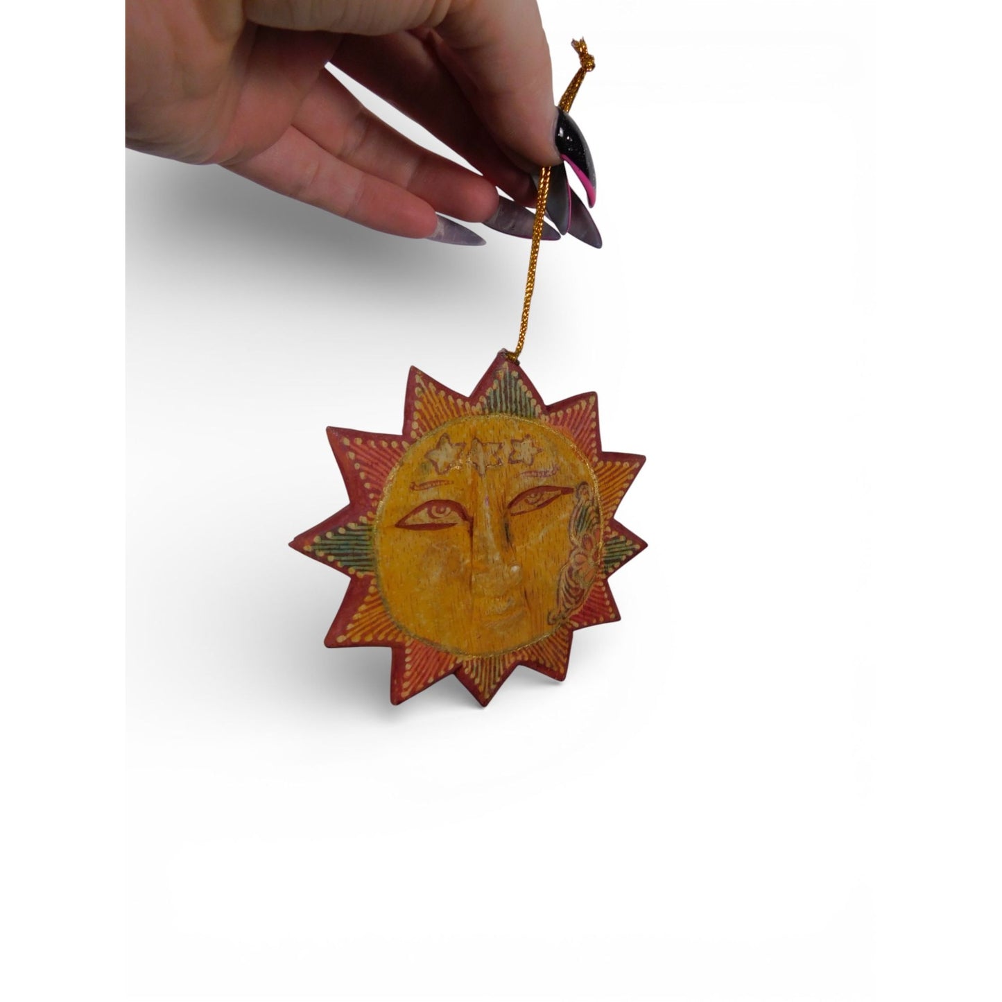 Hand Carved Wooden Sun Face Ornament Folk Art Boho Celestial Decor Vtg