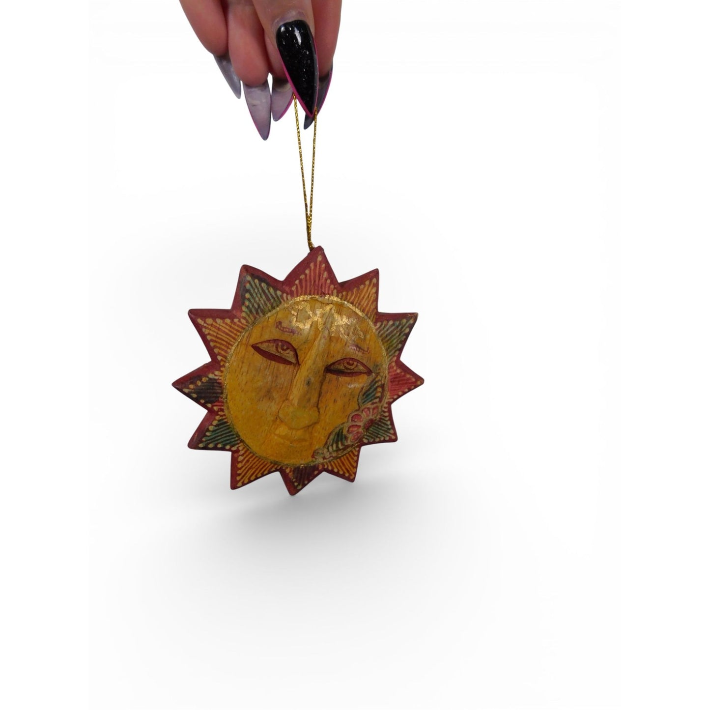 Hand Carved Wooden Sun Face Ornament Folk Art Boho Celestial Decor Vtg