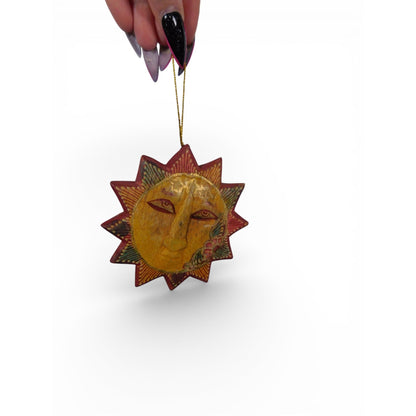 Hand Carved Wooden Sun Face Ornament Folk Art Boho Celestial Decor Vtg