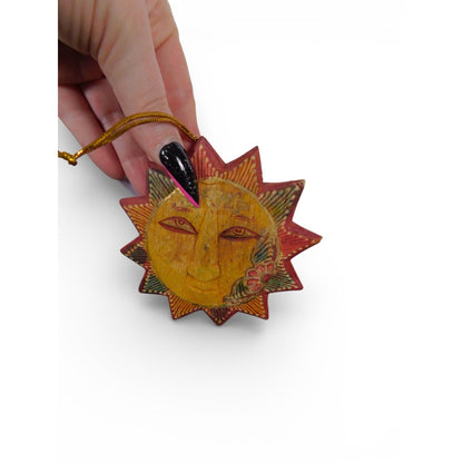 Hand Carved Wooden Sun Face Ornament Folk Art Boho Celestial Decor Vtg