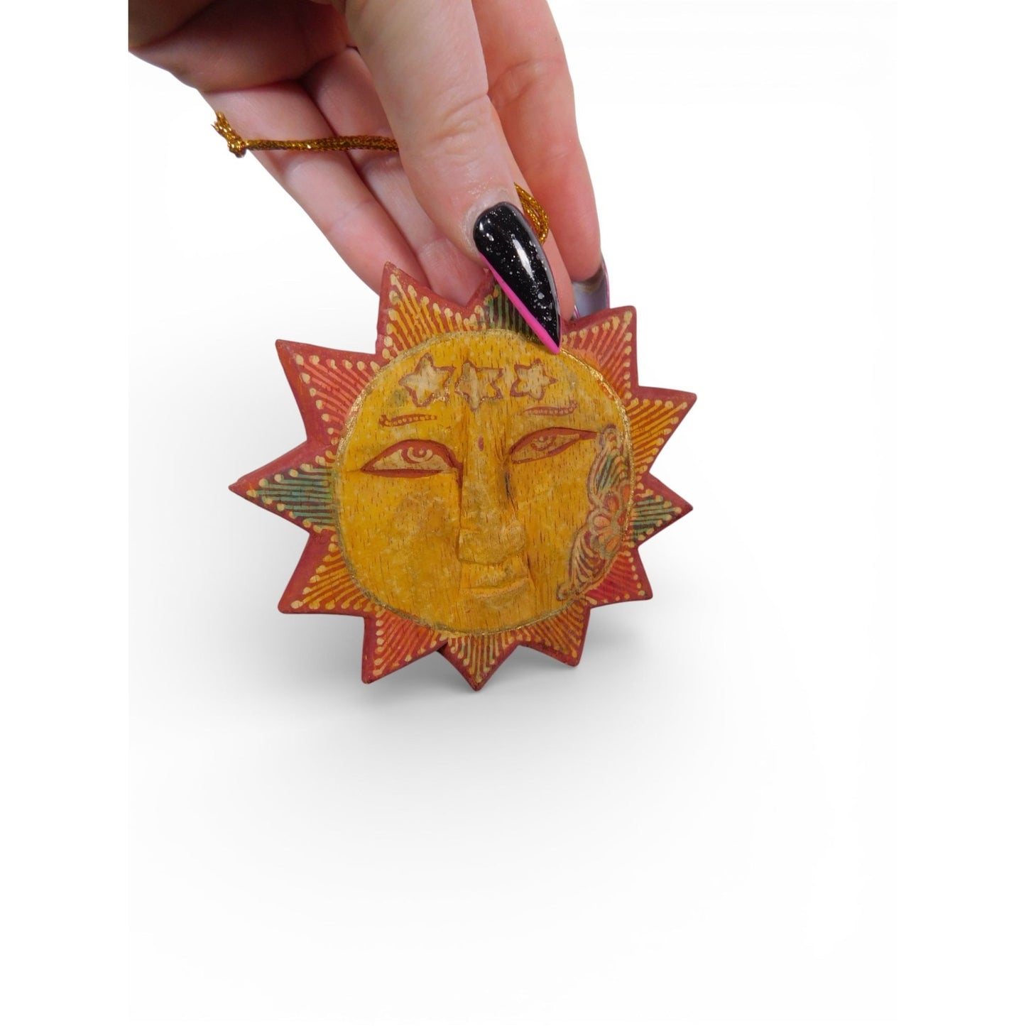 Hand Carved Wooden Sun Face Ornament Folk Art Boho Celestial Decor Vtg
