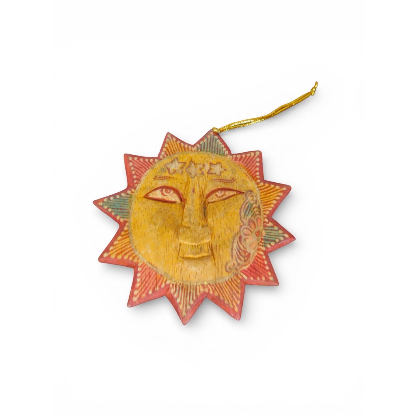 Hand Carved Wooden Sun Face Ornament Folk Art Boho Celestial Decor Vtg