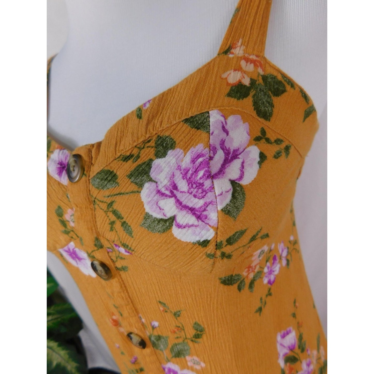 AE Small Yellow Floral Button Front Sundress Crinkle Boho