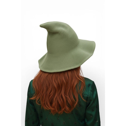 Sage Green Knit Pointy Witch Hat Soft Textured Wide Brim Accessory