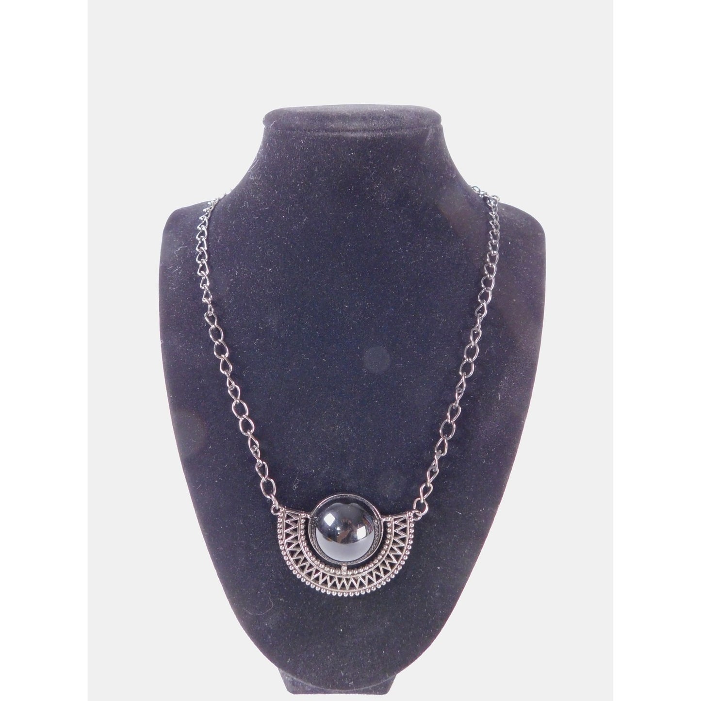 Vintage Black Gunmetal Half Circle Pendant Necklace Statement Chain MS Marked