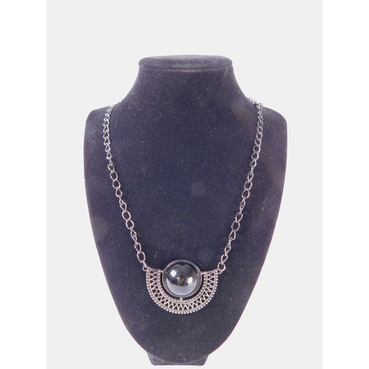 Vintage Black Gunmetal Half Circle Pendant Necklace Statement Chain MS Marked