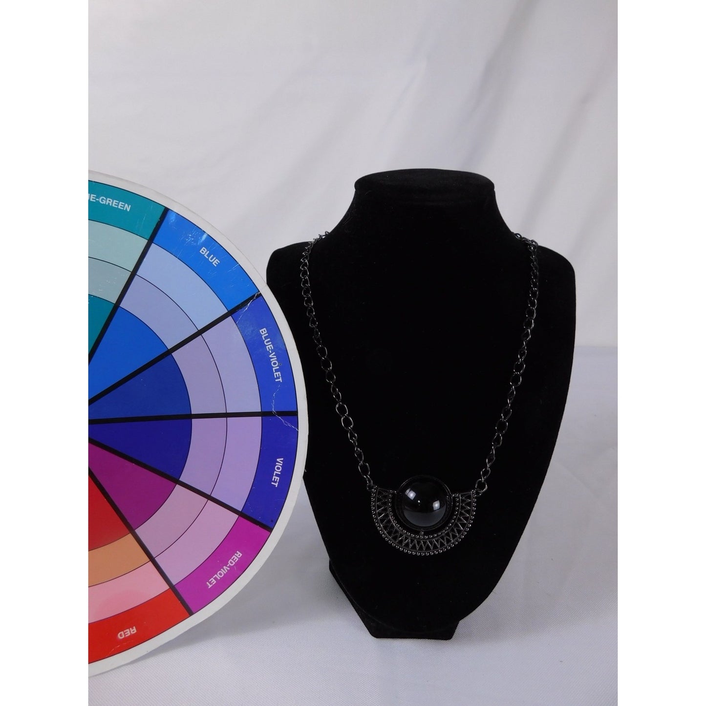 Vintage Black Gunmetal Half Circle Pendant Necklace Statement Chain MS Marked