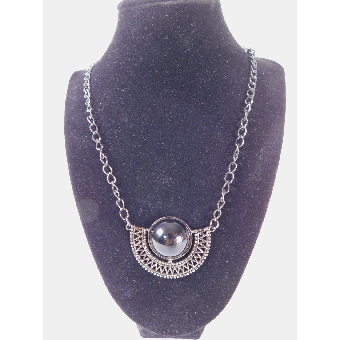 Vintage Black Gunmetal Half Circle Pendant Necklace Statement Chain MS Marked