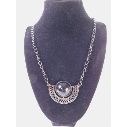 Vintage Black Gunmetal Half Circle Pendant Necklace Statement Chain MS Marked