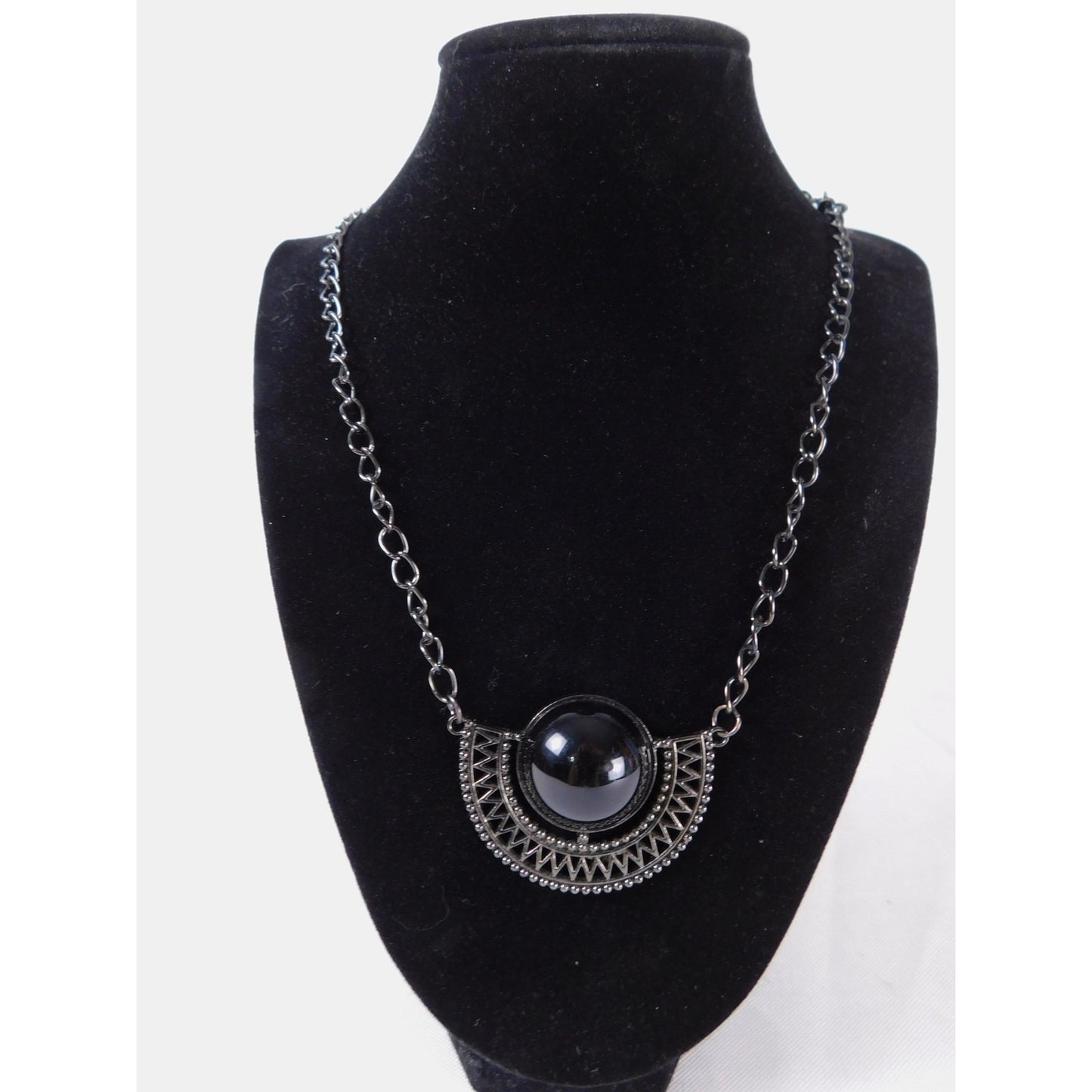 Vintage Black Gunmetal Half Circle Pendant Necklace Statement Chain MS Marked