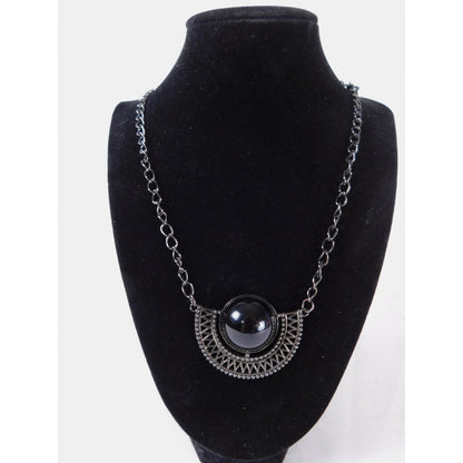 Vintage Black Gunmetal Half Circle Pendant Necklace Statement Chain MS Marked