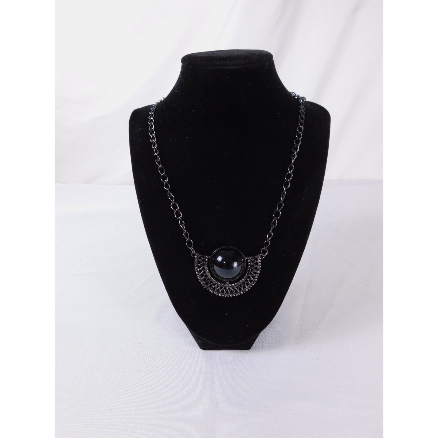 Vintage Black Gunmetal Half Circle Pendant Necklace Statement Chain MS Marked