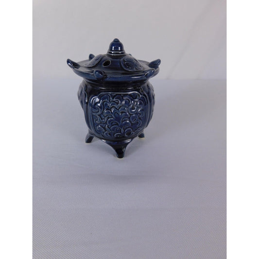 Vintage Blue Ceramic Floral Warmer Burner Small Footed Made In Japan Decor