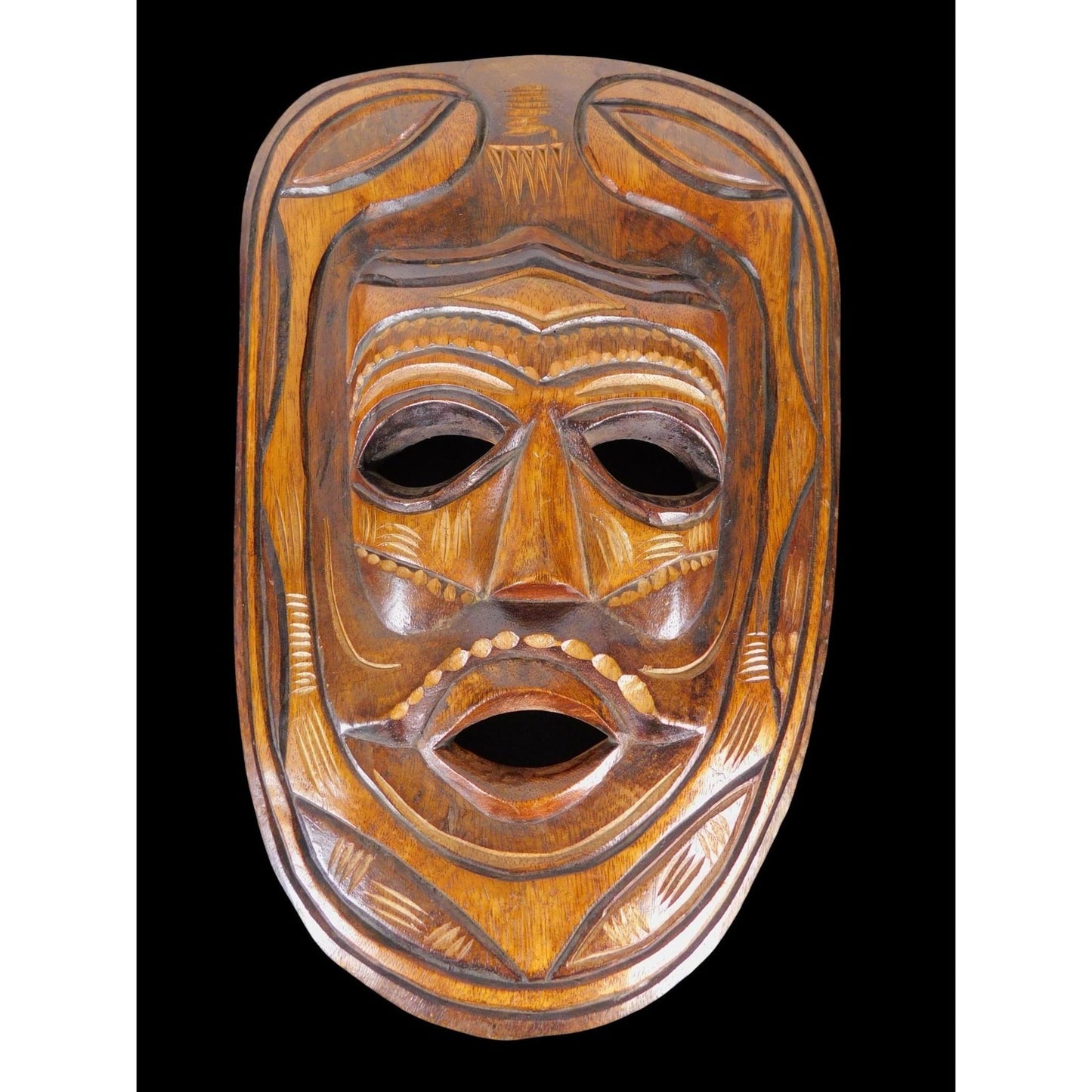 Hand Carved Wooden Tribal Wall Mask 16" Rustic Boho Witchcore Decor