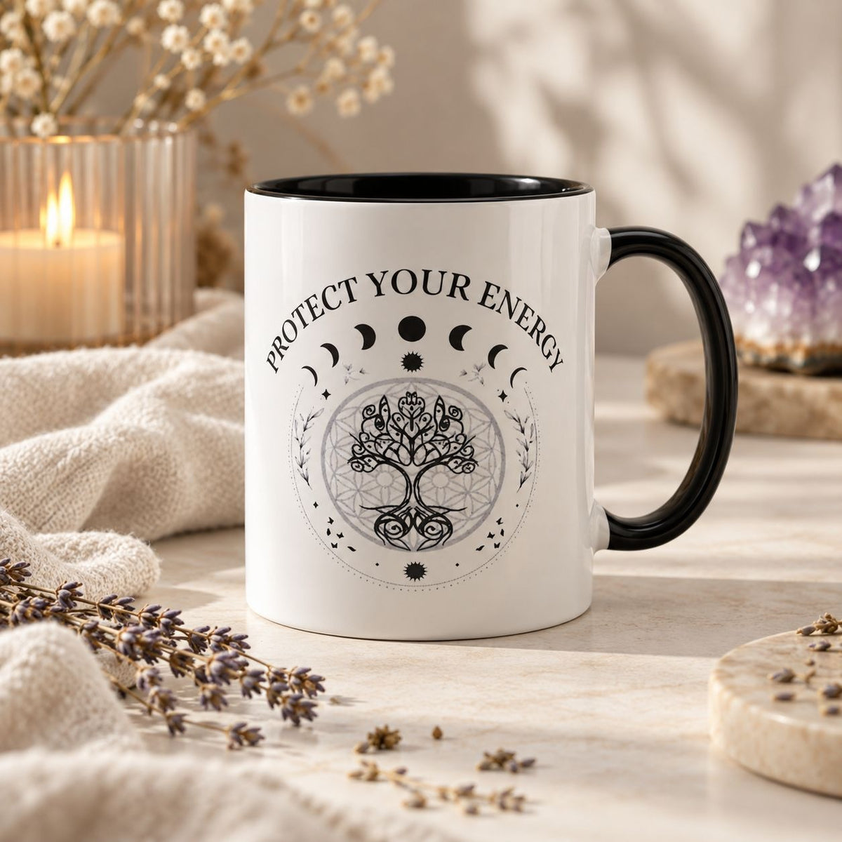 Protect Your Energy Mug with Moon Phases & Tree of Life – 11 oz