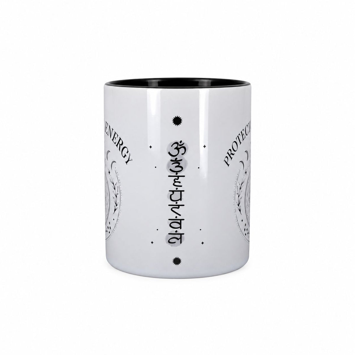 Protect Your Energy mug with black interior featuring moon phases and tree of life design