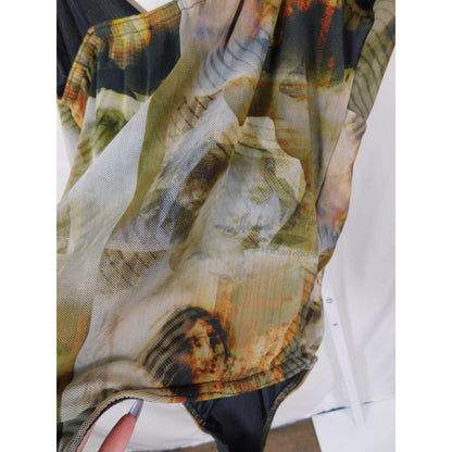 PrettyLittleThing Mesh Renaissance Bodysuit 8 - Sheer Print Snap - Excellent