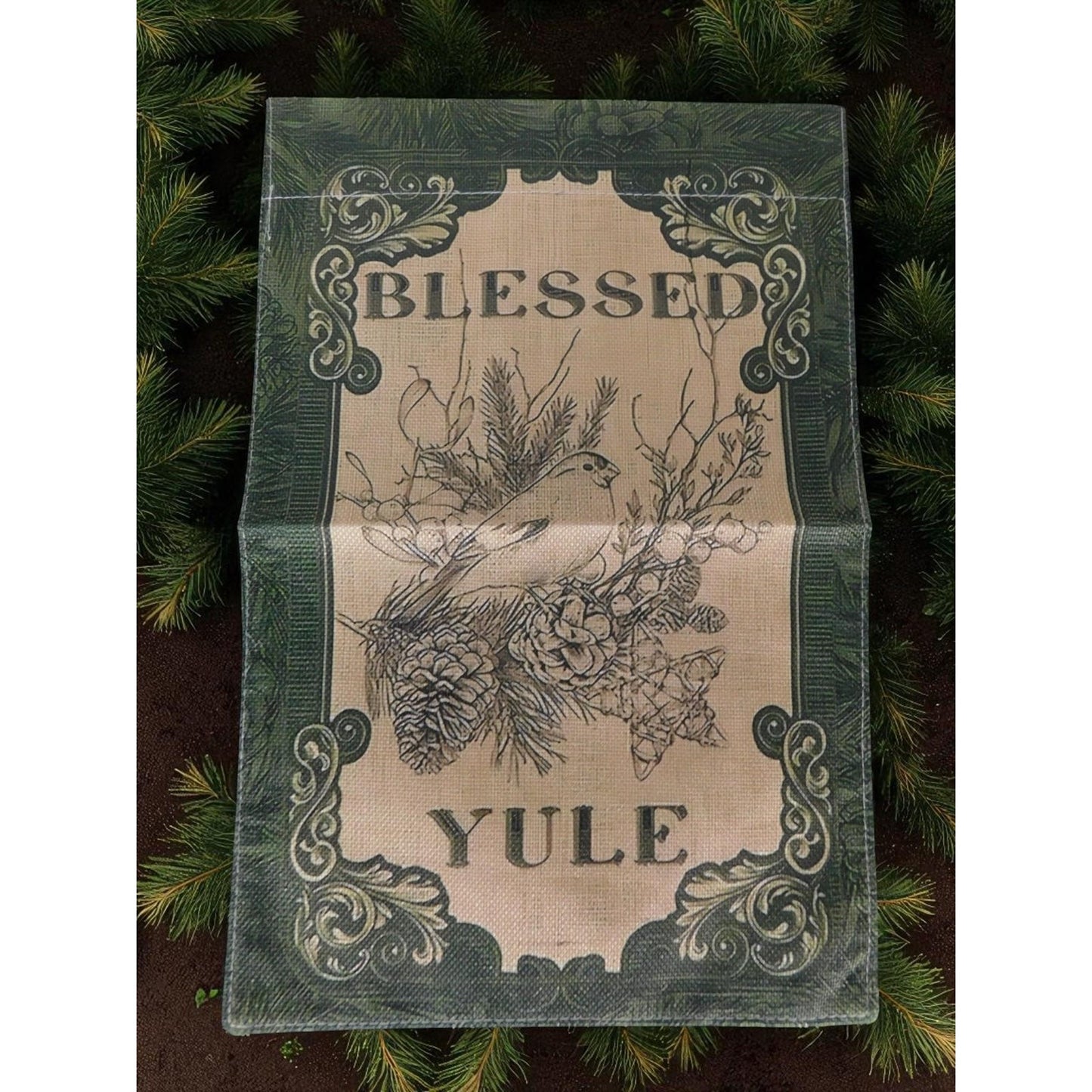 Blessed Yule Garden Flag – Bird & Pinecone – New