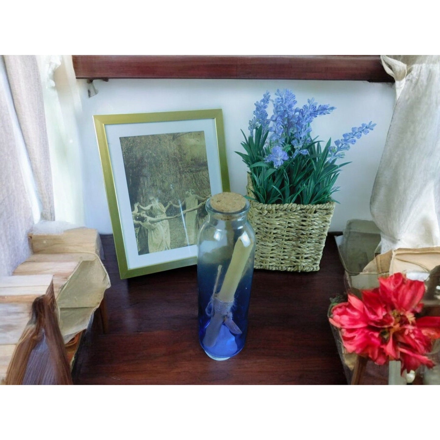 Glass Spell Bottle With Cork & Sealed Scroll 8" Clear & Blue
