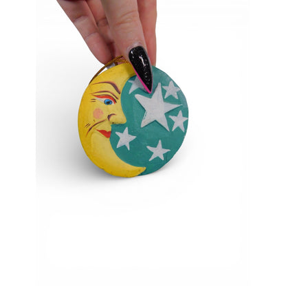 Hand Carved Wood Sun Moon Ornament Celestial Hanging Wall Decor Vtg