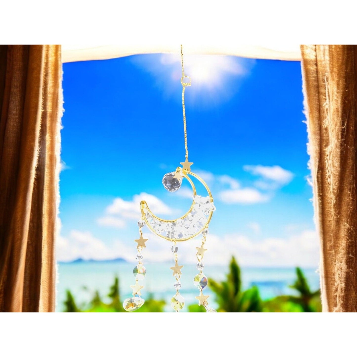 Celestial Crescent Moon Crystal Suncatcher 13.4” x 2.75” Window Prism
