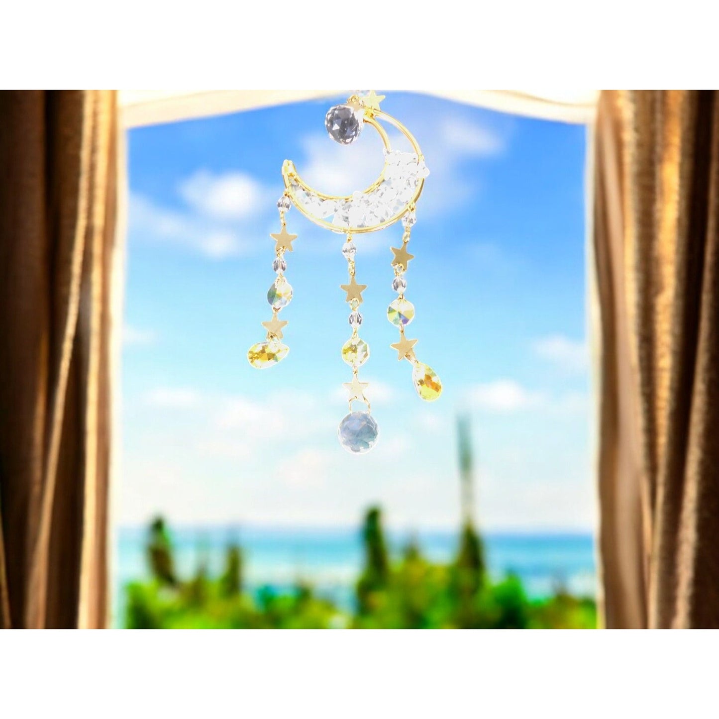 Celestial Crescent Moon Crystal Suncatcher 13.4” x 2.75” Window Prism