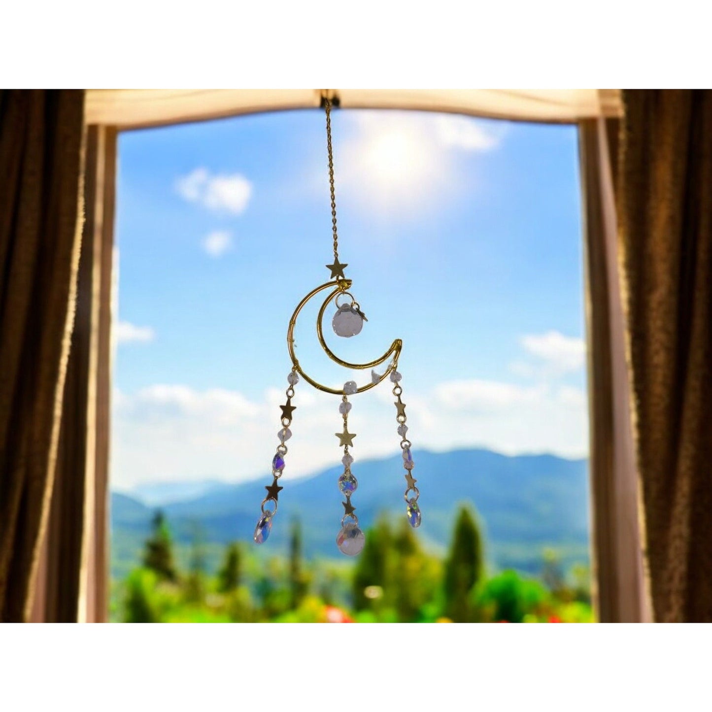 Celestial Crescent Moon Crystal Suncatcher 13.4” x 2.75” Window Prism
