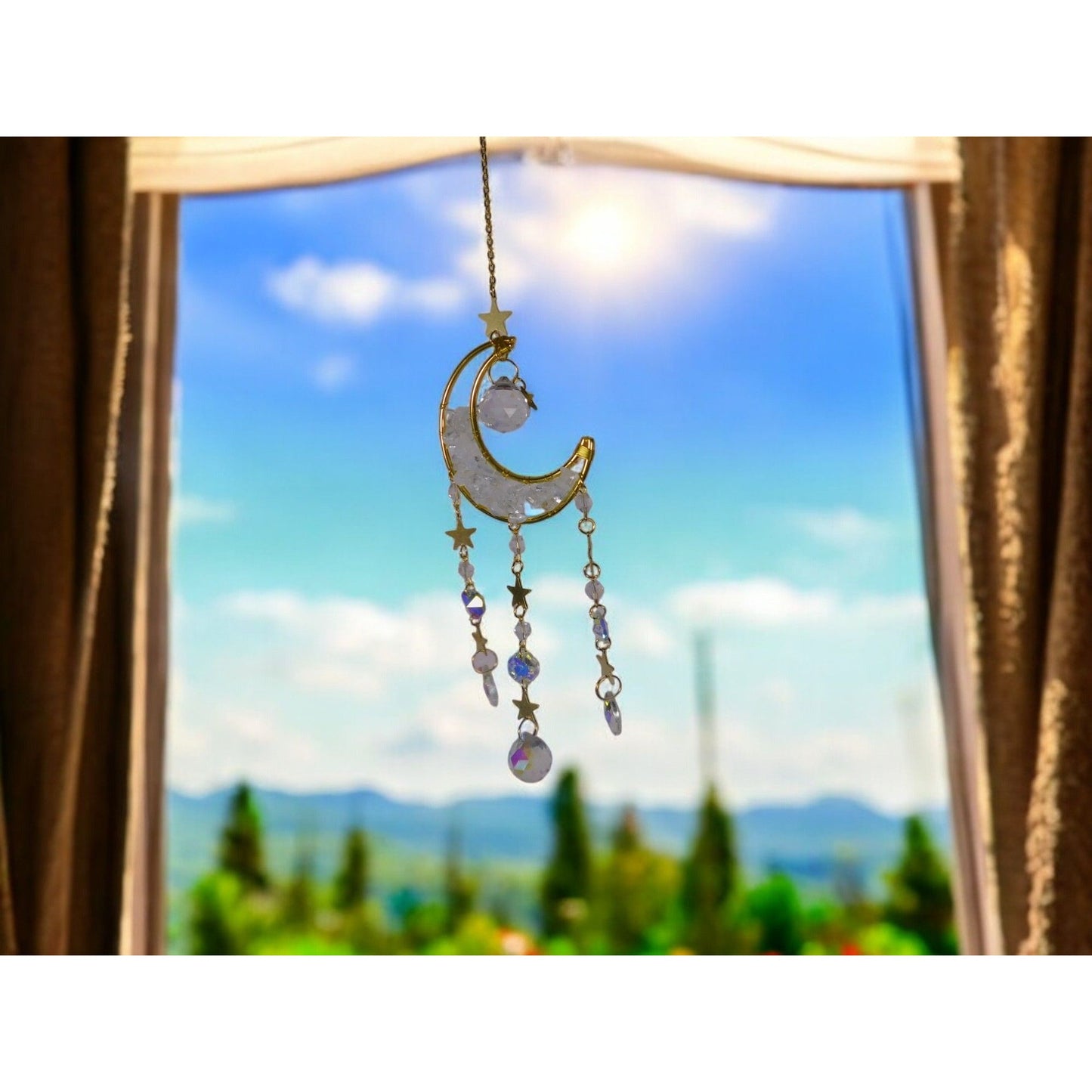 Celestial Crescent Moon Crystal Suncatcher 13.4” x 2.75” Window Prism