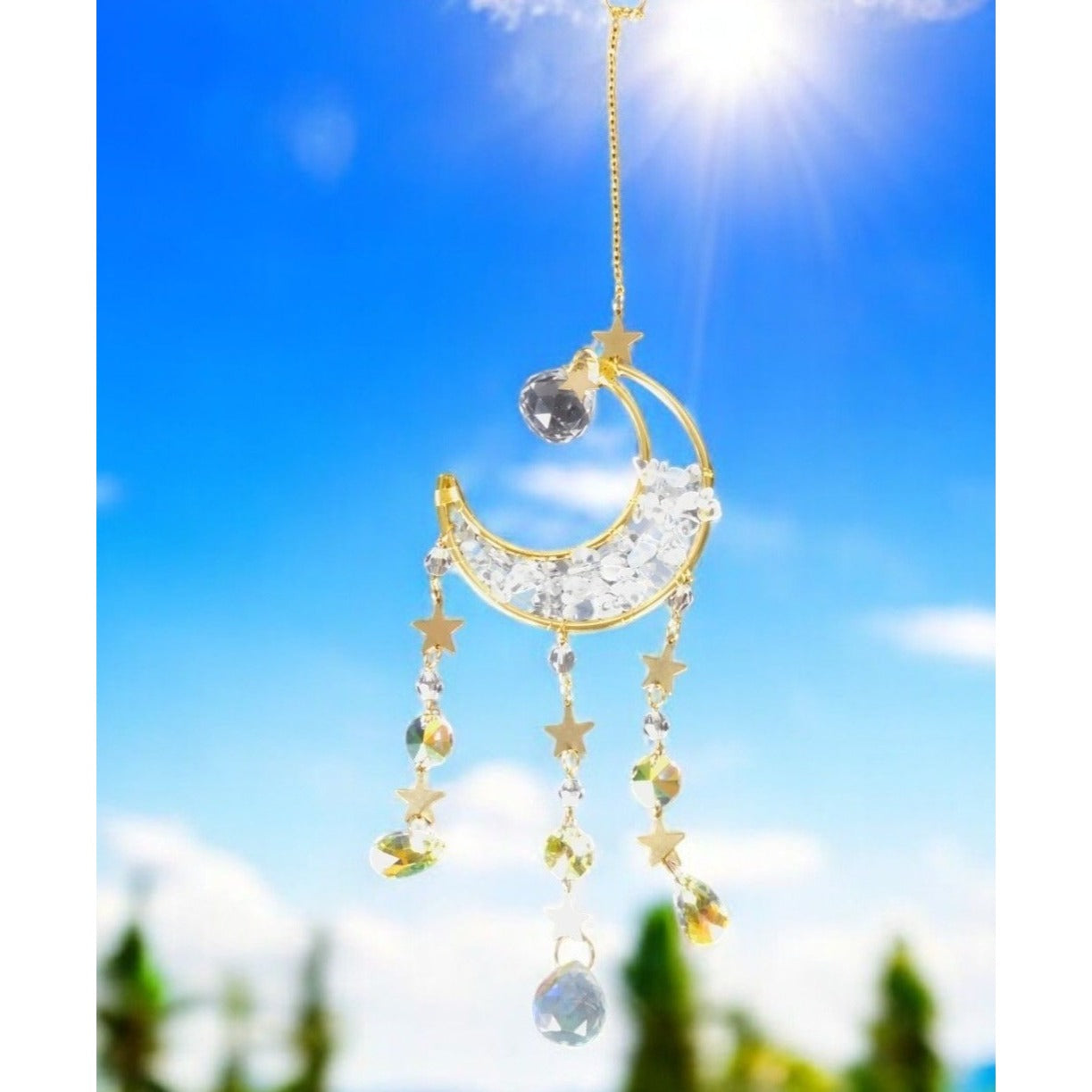 Celestial Crescent Moon Crystal Suncatcher 13.4” x 2.75” Window Prism