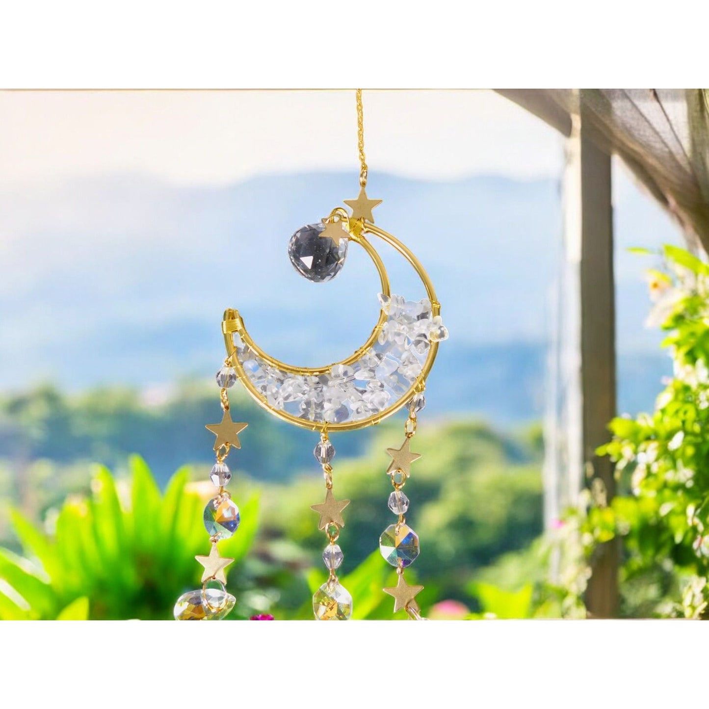 Celestial Crescent Moon Crystal Suncatcher 13.4” x 2.75” Window Prism