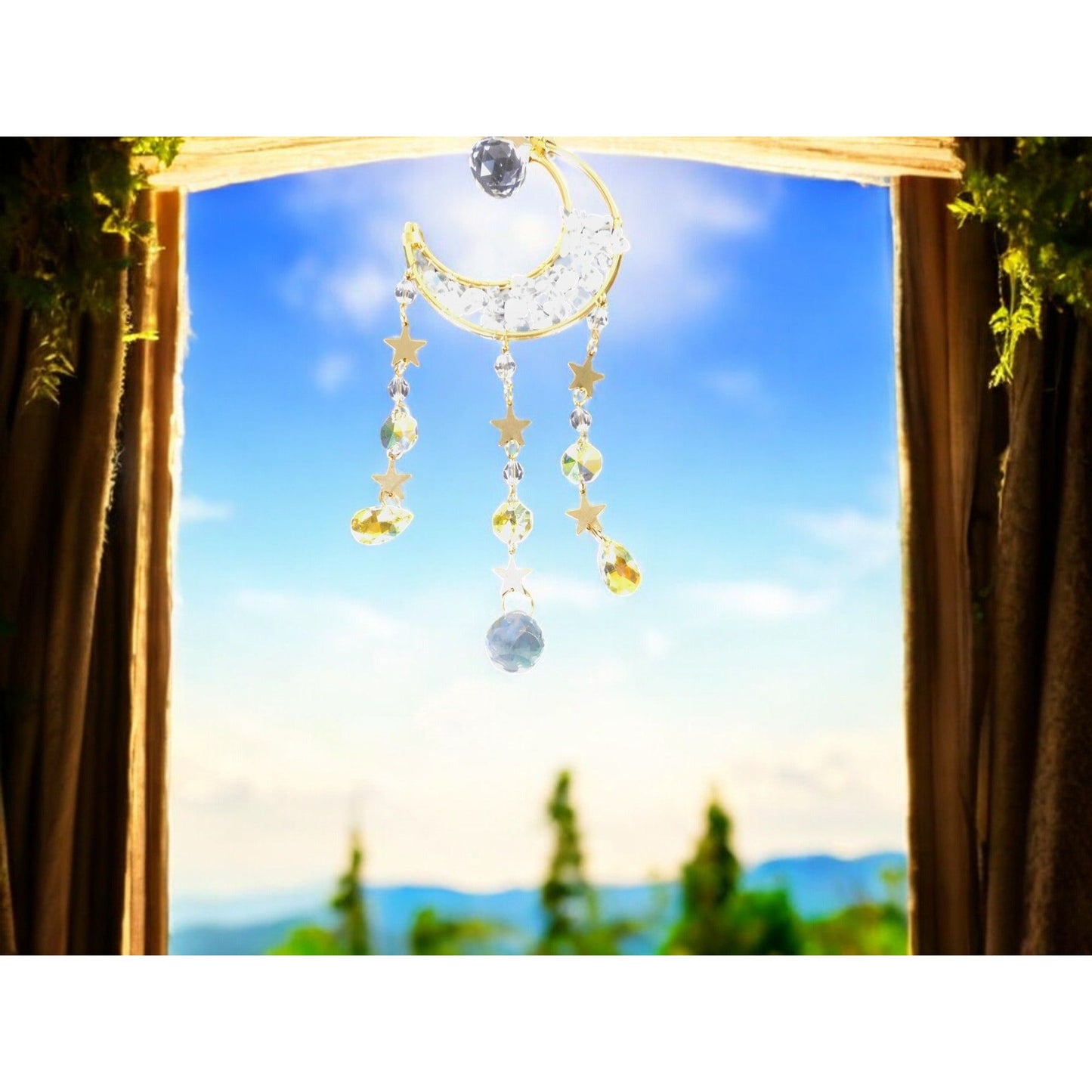Celestial Crescent Moon Crystal Suncatcher 13.4” x 2.75” Window Prism