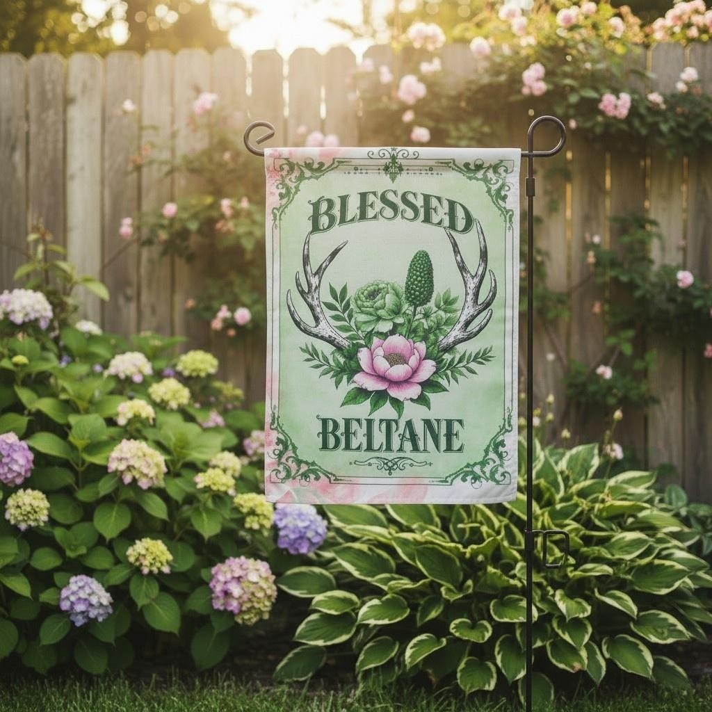 Blessed Beltane Garden Flag Green Floral Antlers 10x15 Spring Witchy Decor