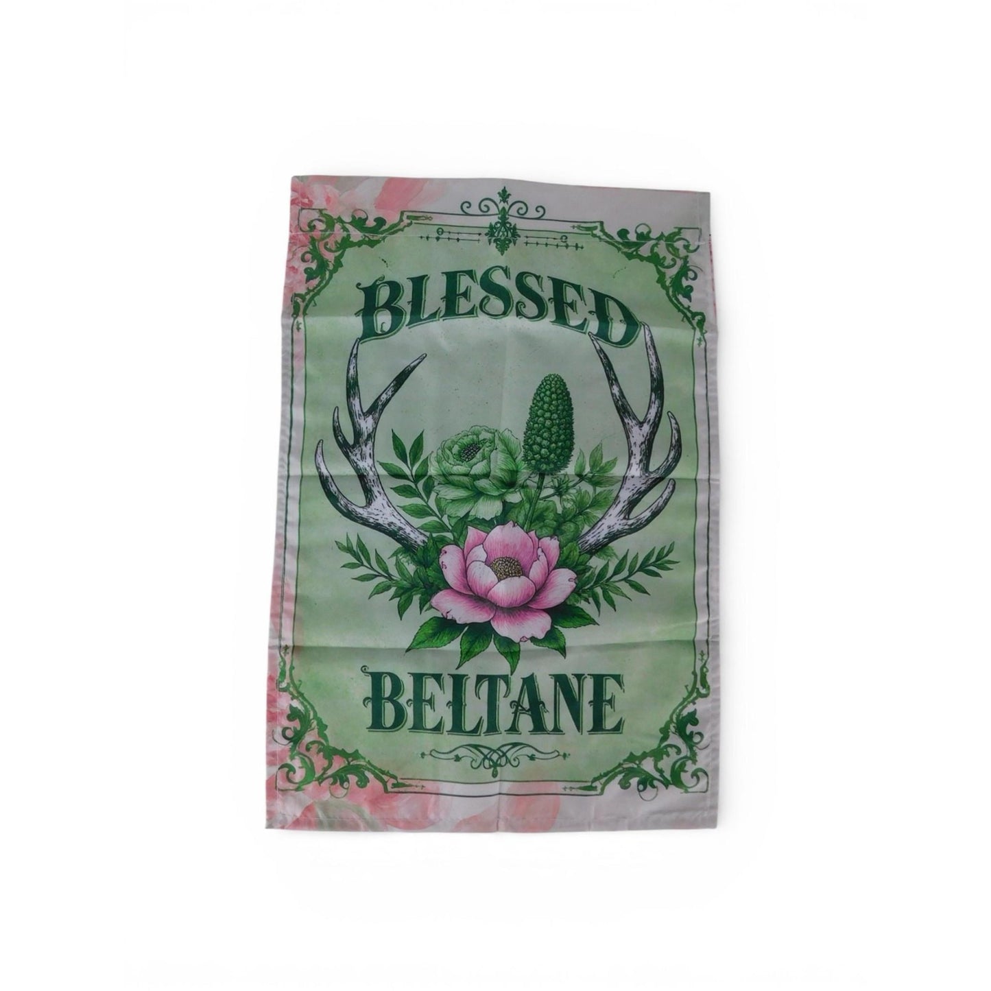 Blessed Beltane Garden Flag Green Floral Antlers 10x15 Spring Witchy Decor