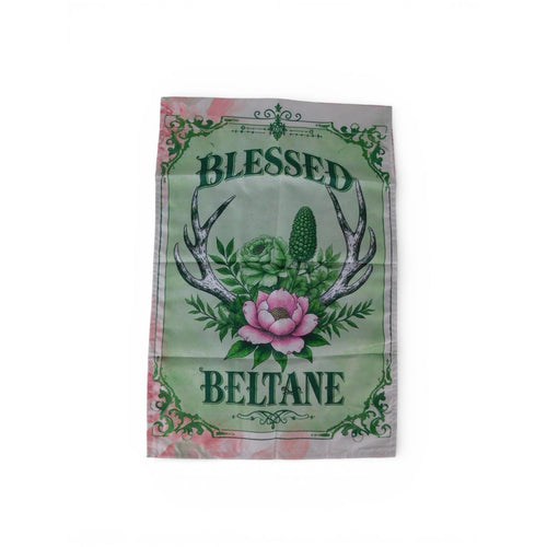 Blessed Beltane garden flag with green floral and antler design