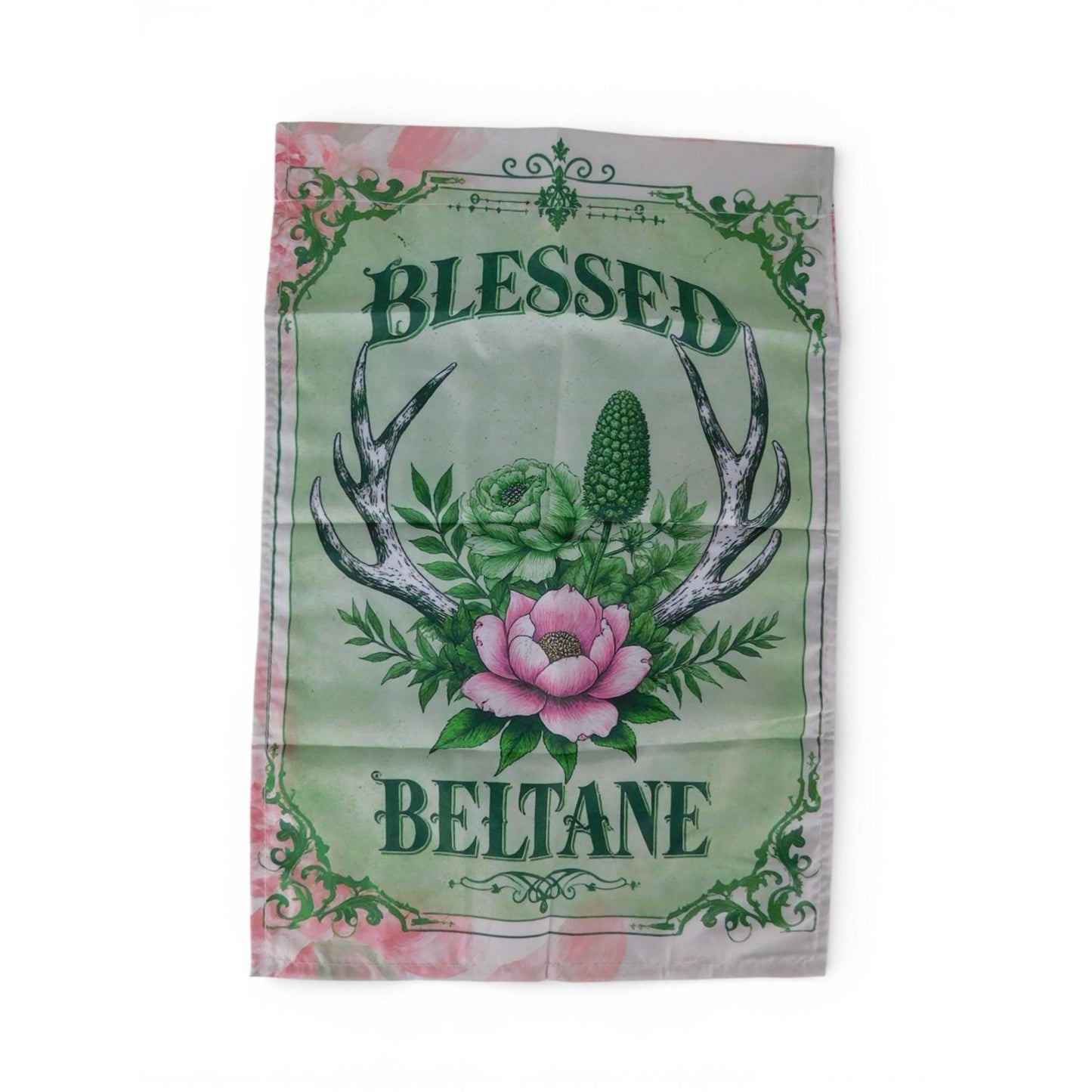 Blessed Beltane Garden Flag Green Floral Antlers 10x15 Spring Witchy Decor