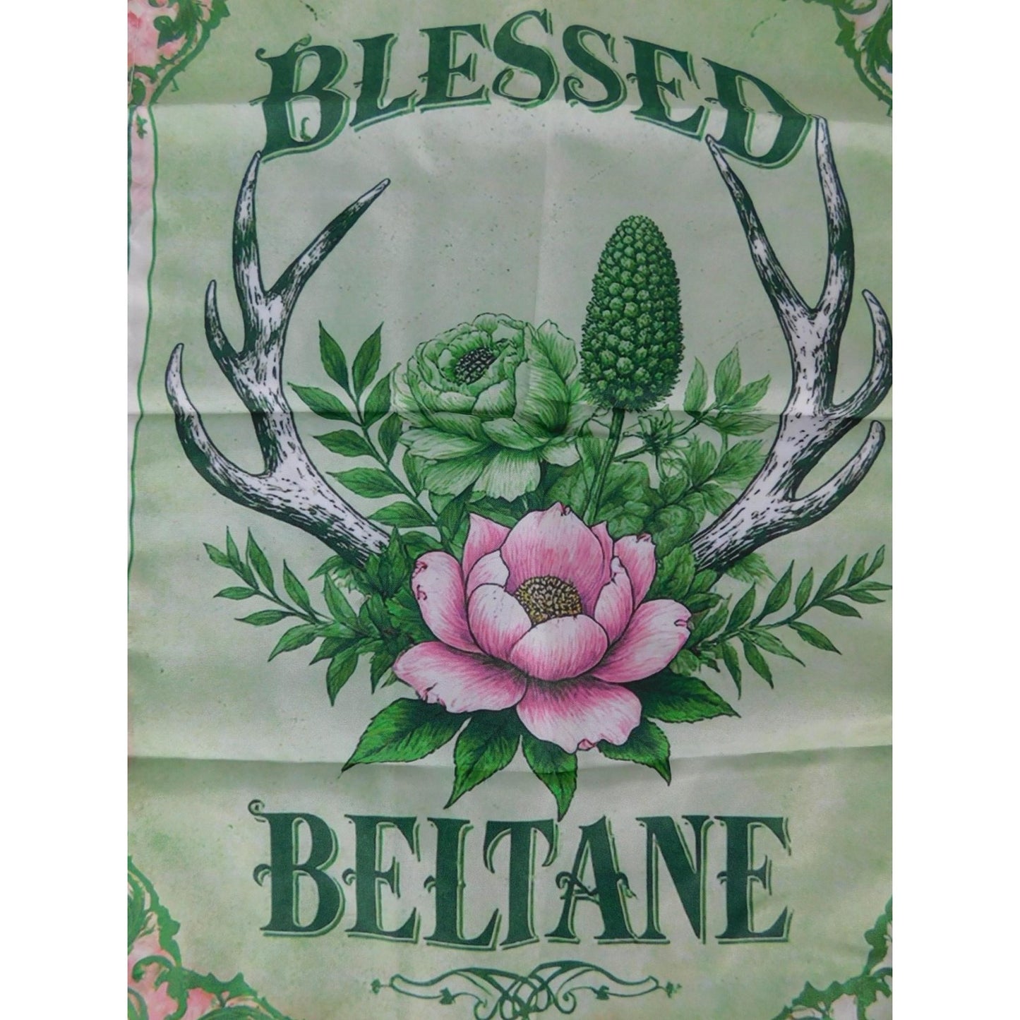 Blessed Beltane Garden Flag Green Floral Antlers 10x15 Spring Witchy Decor