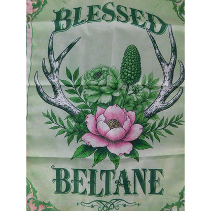 Blessed Beltane Garden Flag Green Floral Antlers 10x15 Spring Witchy Decor