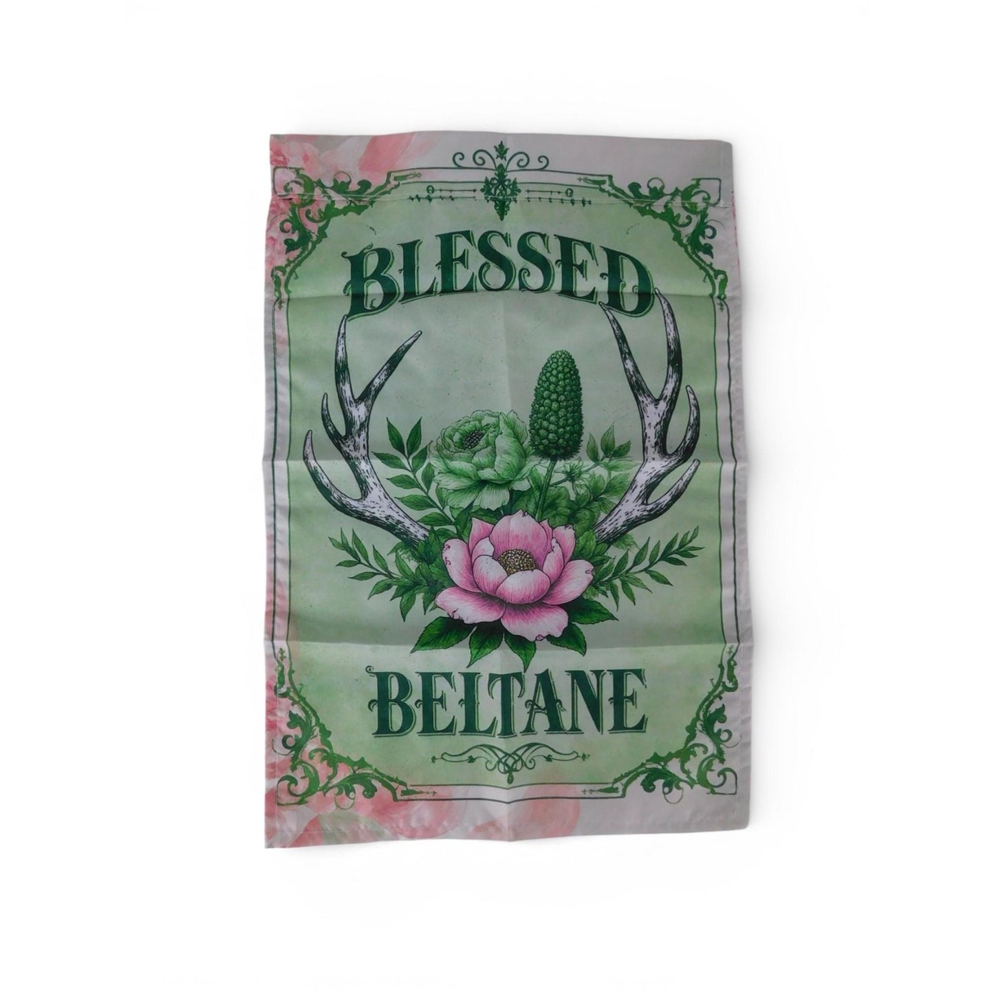 Blessed Beltane Garden Flag Green Floral Antlers 10x15 Spring Witchy Decor