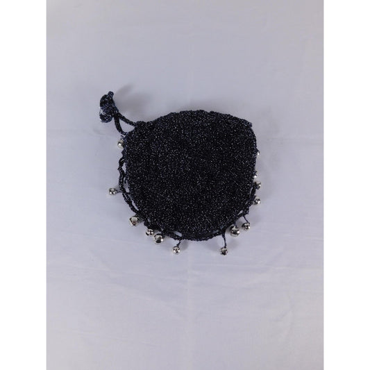 Crochet Drawstring Bag Vtg Mini Black Metallic Bucket Evening Purse Party