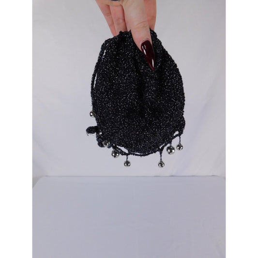 Crochet Drawstring Bag Vtg Mini Black Metallic Bucket Evening Purse Party