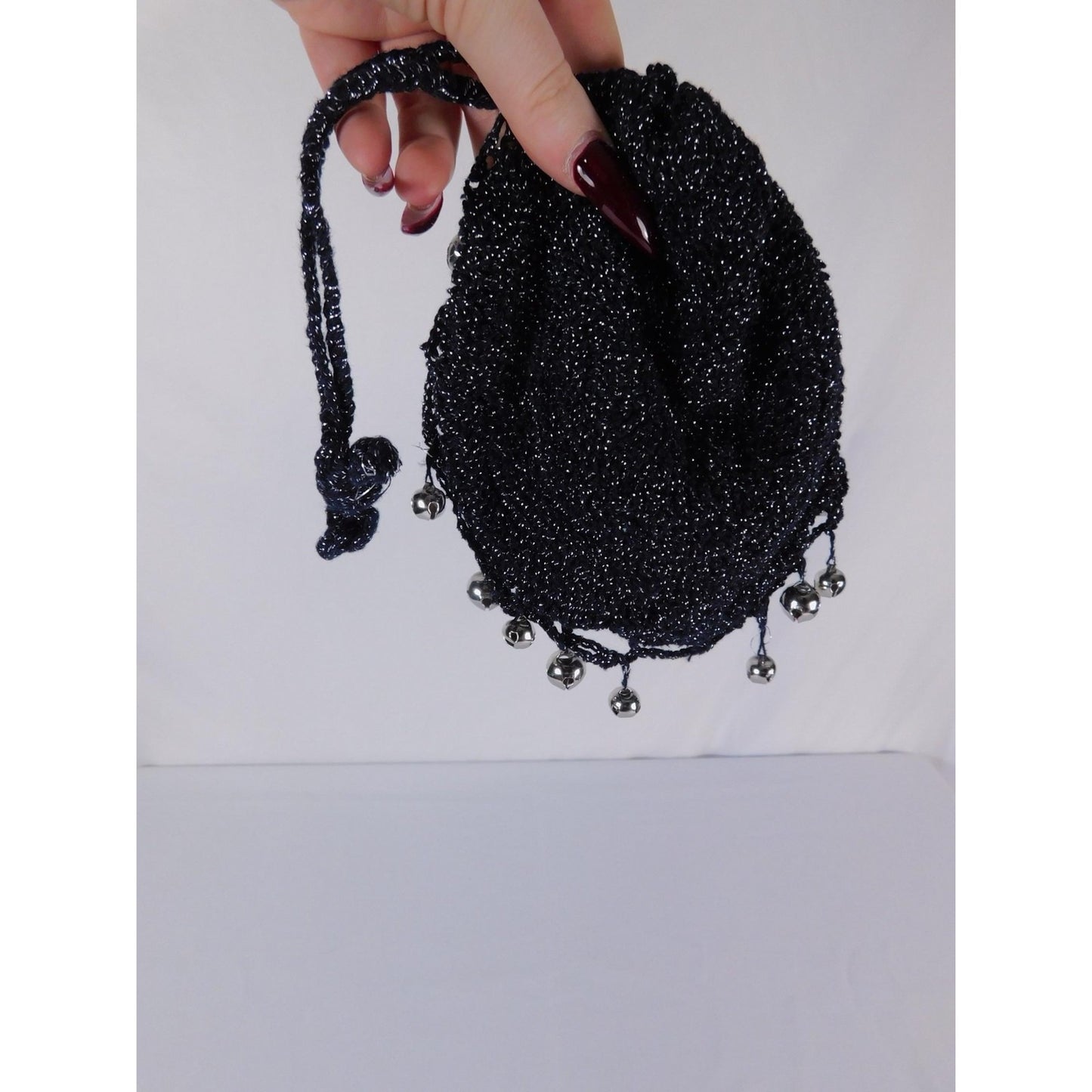Crochet Drawstring Bag Vtg Mini Black Metallic Bucket Evening Purse Party